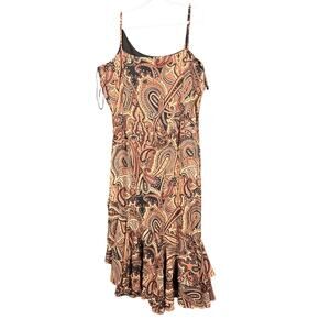 Tracy Adams Dress Womens 18 Brown Black Paisley Midi Ruffle Hem Evening Formal